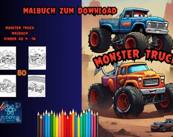 Dibujos para colorear de Monster Trucks para imprimir – Dibujos para colorear para niños – Libro para colorear de camiones todoterreno en PDF – Dibujos para colorear de vehículos – Descarga digital