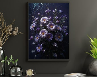 Hermoso mural de pared con flores moradas, una obra de arte única para decorar tu pared. Decoración perfecta para impresiones giclée. #TafsDesign ArtDeko
