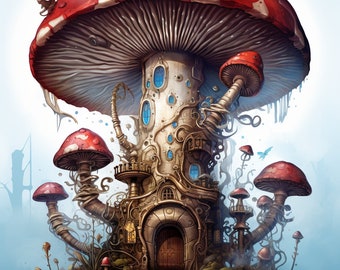 30 páginas para colorear de Crazy Steampunk Mushroom Houses, parte 3 - Un fantástico gran libro para colorear - Bonito regalo - Imprime y colorea