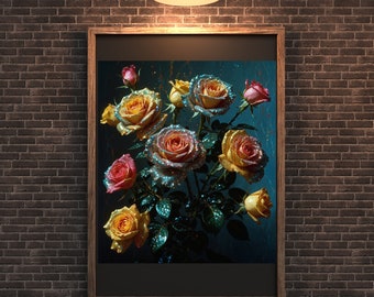Rosas coloridas bajo la luz. Una oda a la elegancia de la naturaleza. Una obra de arte única con rosas. Decoración de pared perfecta para impresión giclée. #TafsDesign