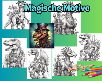 Libro para colorear de dinosaurios Steampunk para personas creativas - libro para colorear con dinosaurios mecánicos y engranajes para descargar - 20 páginas para colorear perfectas