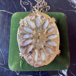 Puede incluir: Collar con colgante dorado con un dise&ntilde;o ovalado inspirado en flores. El colgante presenta un dise&ntilde;o central con acentos en forma de p&eacute;talos y un fondo texturizado blanquecino. El collar descansa sobre una superficie de terciopelo verde.