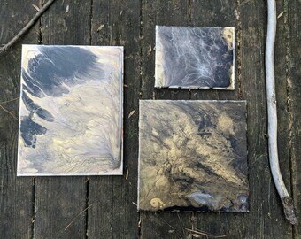 3 Original Black and Gold Acrylic Pour Paintings. ONE of a KIND!