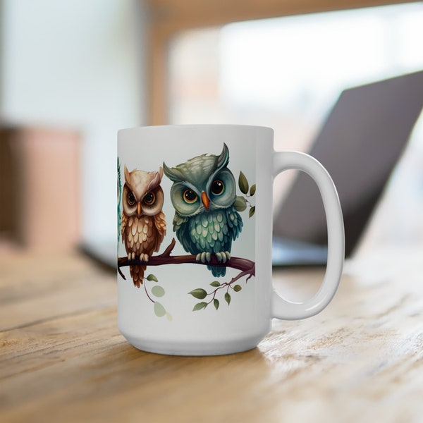 A Colorful Parliament of Owls Sitting on a Branch Together Ceramic Mug 15oz