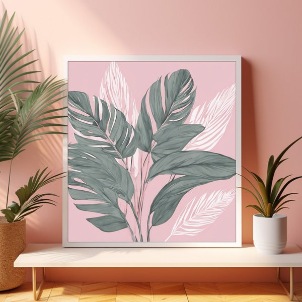 Pastel Pink Monstera Deliciosa Albo Leaves - Aesthetic Wall Art - Digital Prints - Botanical Print - Pink Tropical Leaves - Instant Download