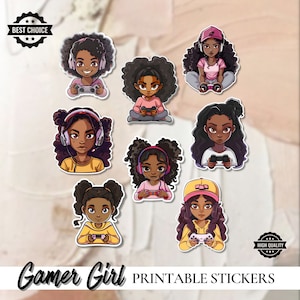 黒人ゲーマーガール クリップアート - ゲーミングガール PNG - かわいい黒人ガール ステッカー - デジタル ステッカー - 8 セット ステッカー - 印刷可能なコンピュータ ステッカー