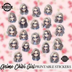 White Anime Girl in Glasses Stickers - Cute Anime Girl Stickers - Digital Anime Girl Stickers - Cute Printable Stickers - 20 Bundle of Decal