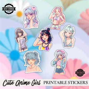 Anime Girl Stickers - Cute Anime Girl Stickers - Instant Download Stickers - Printable Stickers - Kawaii Girl Stickers - 7 Bundle of Sticker