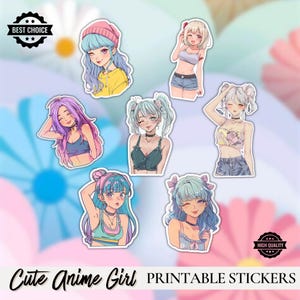 Cute Anime Girl Stickers - Anime Girl Stickers - Instant Download Stickers - Printable Stickers - Kawaii Girl Stickers - 7 Bundle of Sticker