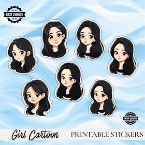 White Cartoon Girl Stickers - Cute Cartoon Girl Decal - Instant Download Stickers - Printable Stickers - Hydro Flask Stickers - Laptop Decal