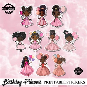 Ensemble d'autocollants princesse noire - Sticker petite fille noire - Sticker bouteille d'eau - Sticker numérique - Cadeau pour fille - Stickers imprimables