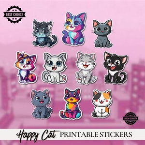 Digital cute Cat Stickers - Cat Lover Stickers - Printable Stickers - Cute Laptop Stickers - Animal Lover Stickers - 10 Set of Stickers