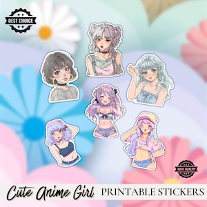 Digital Anime Girl Stickers - Cute Anime Girl Stickers - White Girl Stickers - Printable Anime Girl Sticker - Laptop Decal - 6 Set of Decal