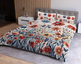 Floral Duvet Cover Queen, King, Twin XL, Colorful Bedding Set, Blue, Red, Yellow, White & Beige, Cute  Botanical, Flowers, Aesthetic, Modern