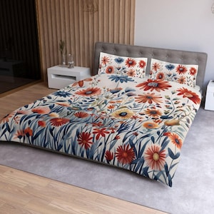 Floral Duvet Cover Queen, King, Twin XL, Colorful Bedding Set, Blue, Red, Yellow, White & Beige, Cute  Botanical, Flowers, Aesthetic, Modern