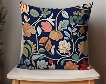 William Morris Pillow Cover, Floral pillows, Fall Leaves, Botanical, Retro Tapestry, Colorful, Red, Green  Blue Navy Accent, Gift Pillowcase