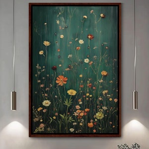 Framed Canvas Wall Art with Wildflowers in Dark Green, Vertical Botanical Floral Print, Landscape, Flowers, Vintage, Perfect for Wall Decor
