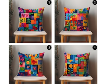 Colorful Floral Patchwork Pillow Cover, Botanical Couch Cushion Cases with Flowers, leaves, Trees, Wildflowers, Decorative throw, Vibrant