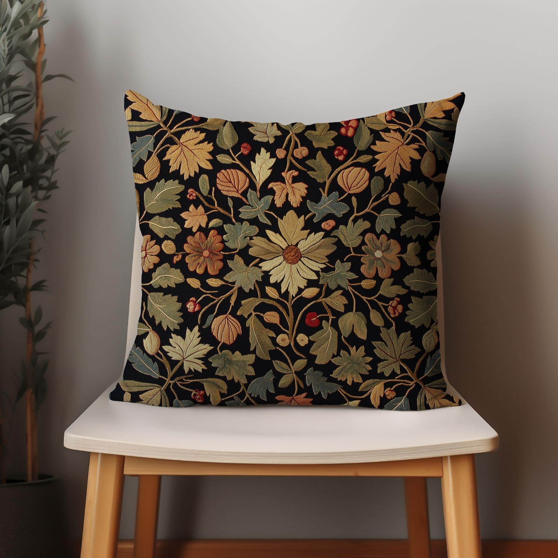 William Morris Pillow Cover, Tapestry Pillows, Fall Leaves, Botanical, Retro Floral, Colorful, Black & Green Accent, Rug Pillowcase, Rust
