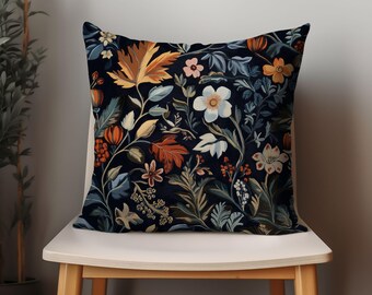 William Morris Pillow Cover, Floral Pillows, Fall Leaves, Green Botanical, Retro Tapestry, Colorful, Red, Blue, Black Accent, Rug Pillowcase
