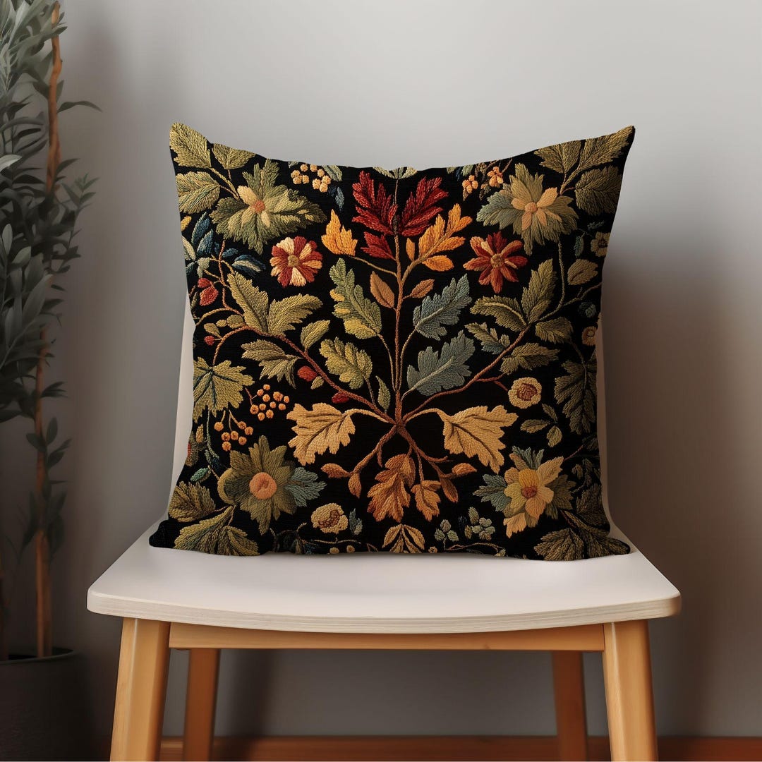 Tapestry Like Pillow Cover, William Morris Cushion, Fall Leaves