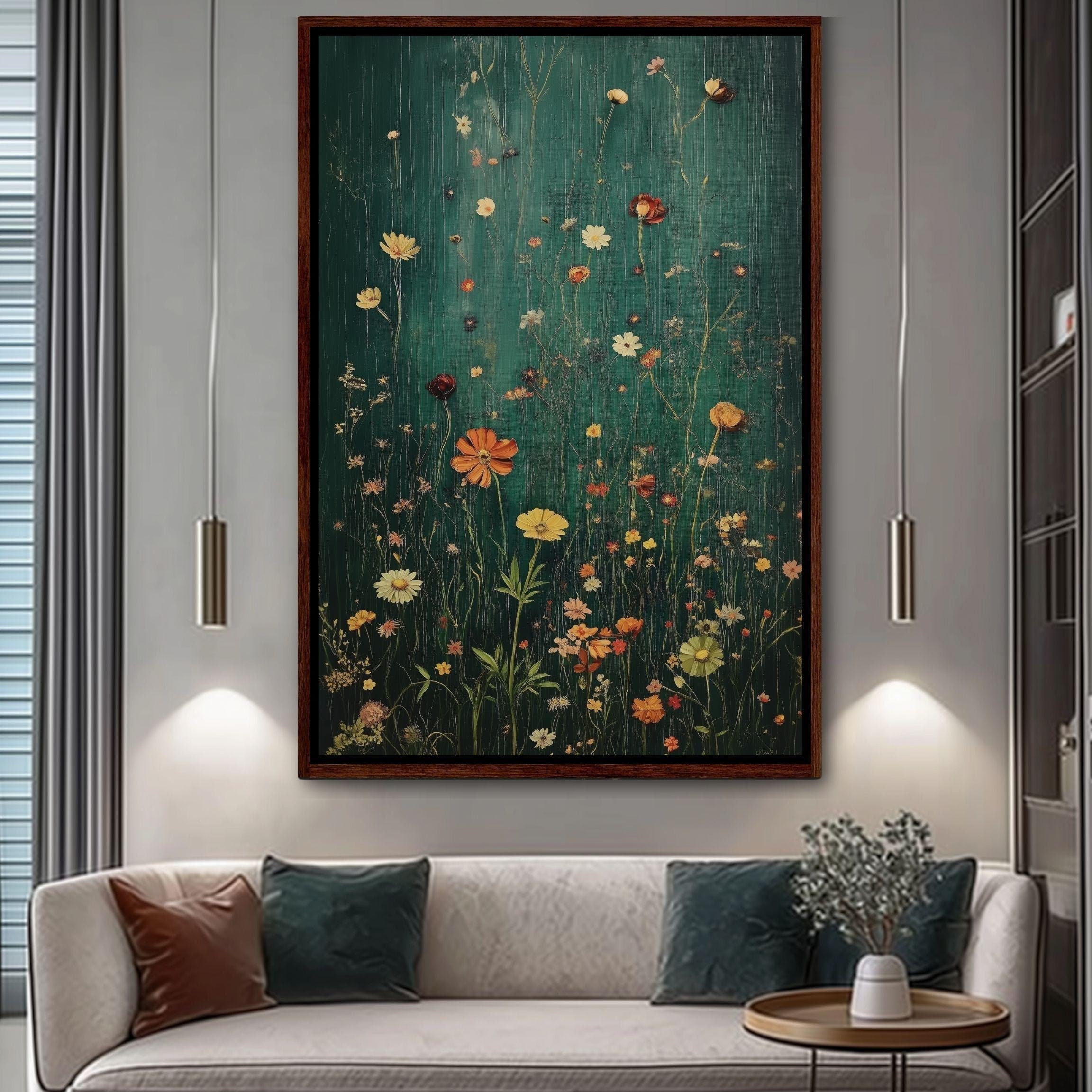 Framed Canvas Wall Art With Wildflowers in Dark Green, Vertical ...