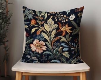 William Morris Pillow Cover, Tapestry Pillows, Fall Leaves, Botanical, Retro Floral, Colorful, Red, Green Bleu, Black Accent, Rug Pillowcase