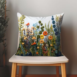 Botanical Pillow Cover, looks like Embroidery Pillows & Needlepoint Throw, Floral, Accent, Colorful, Wildflowers Pillow Couch Pillowcase