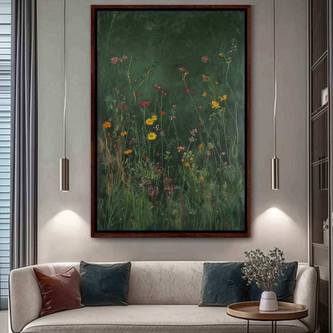 Moody Wildflower Meadow Wall Art Print, Dark Green Floral Canvas - Etsy