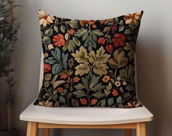 William Morris Pillow Cover, Tapestry Throw, Fall Pillows, Botanical, Retro Floral, Colorful, Red, Green  Bleu Accent, Rug Pillowcase, Rust
