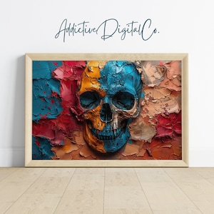 Skull Printable Wall Art, Abstract Colorful Textured Skull Painting, Dark Academia Gothic Decor, Eclectic Art, Boho Vivid Artwork