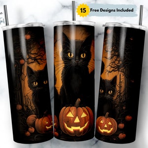 Black Cats Jack-o-Lanterns 20 oz Skinny Tumbler Sublimation Halloween Design, Straight & Tapered Tumbler Wrap Png, Instant Download