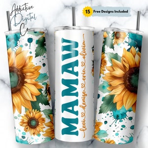Mamaw Tumbler Wrap Add Kids Names, Sunflower Floral Grandma Seamless Sublimation, Granny Skinny Tumbler 20oz Design Png image 1