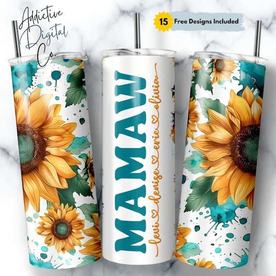 Mamaw Tumbler Wrap Add Kids Names, Sunflower Floral Grandma Seamless Sublimation, Granny Skinny Tumbler 20oz Design Png