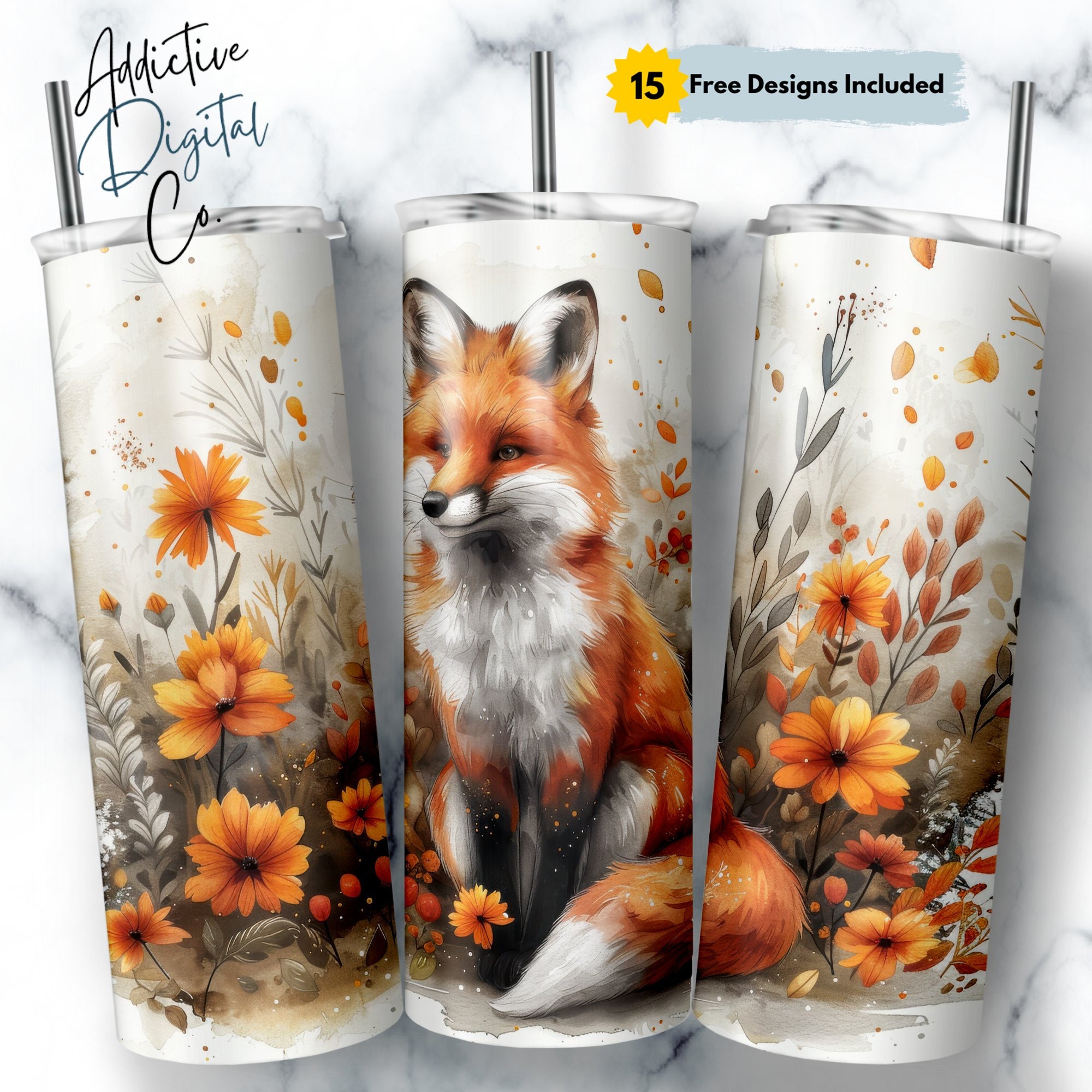 Fox Fall Tumbler Wrap, Autumn 20 oz Skinny Tumbler Sublimation Design, Watercolor Rustic Woodland Animal Art, Nature Lover PNG