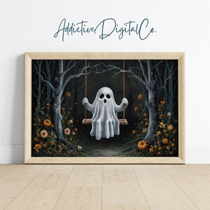 Halloween Ghost on Swing Printable Wall Art, Spooky Ghost Painting, Dark Academia Halloween Decor, Vintage Haunted Artwork, Gothic Art