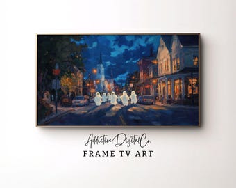 Arte de TV con marco de Samsung de Halloween, escena callejera espeluznante, fantasmas de TV, ciudad nocturna, arte de TV con marco de Halloween, arte de pintura de noche de otoño