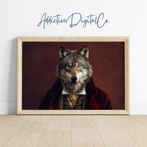 Wolf Portrait Printable Wall Art, Regal Wolf in Elegant Suit Painting, Animal Lover Vintage Decor, Sophisticated Artwork, Instant Digital
