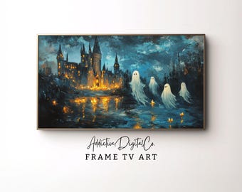Arte de TV con marco de Samsung de Halloween, pintura de castillo encantado, fantasmas de TV, escena espeluznante de cielo nocturno azul, arte de TV con marco de Halloween, otoño espeluznante