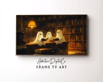 Arte de TV con marco de Samsung de Halloween, lindos fantasmas leyendo, fantasma de TV, biblioteca cálida y acogedora, arte de TV con marco de Halloween, arte de pintura caprichosa de otoño