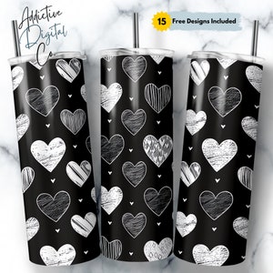 20 oz Skinny Tumbler Sublimation Wrap Valentine Preto Branco Monocromático Corações Digital Download Straight Tapered PNG