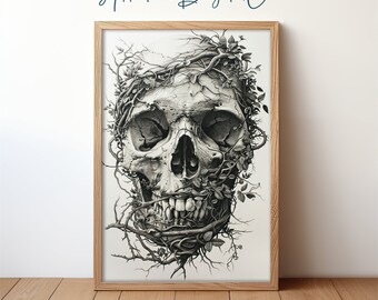 Retrato de calavera, decoración gótica de la academia oscura, calavera detallada intrincada con enredaderas y hojas, arte de pared imprimible, obras de arte estéticas vintage