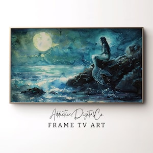 Watercolor Ghost Mermaid Moonlight Frame Tv Art, Spooky Celestial Ocean Tv Decor, Dark Academia Tv Screensaver, Creepy Nautical Home Decor