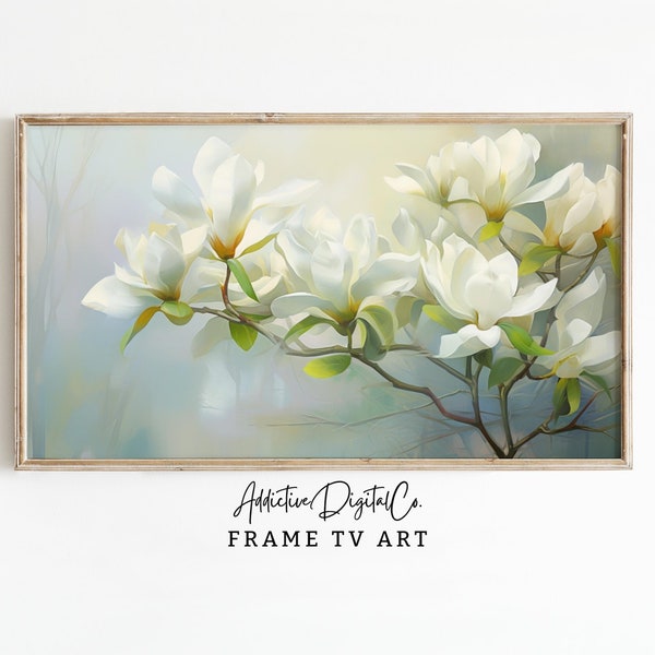 Elegant Floral Frame TV Art, Spring Blossom Tv Decor, White Magnolia Digital Painting, Modern Home Decor