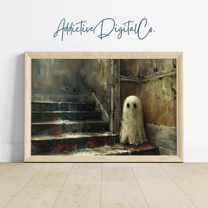Geist auf der Treppe druckbare Wandkunst, eindringliche Malerei, dunkel Academia Gothic Halloween Dekor, Vintage Spukhaus Malerei, dunkel
