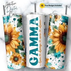 Gamma Tumbler Wrap DFY Nombres de niños, Girasol Floral Abuela Sublimación sin costuras, Abuela Flaco Vaso 20oz Diseño Png