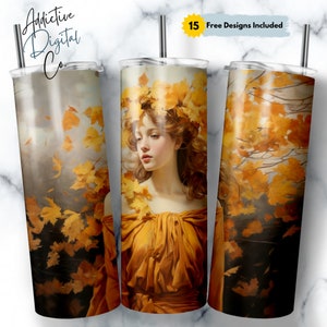 Fall Goddess Tumbler Wrap, Autumn 20 oz Skinny Tumbler Sublimation Design, Rustic Art Lover PNG, Watercolor Fall Leaves, Boho Decor