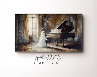 Arte de TV con marco Samsung de Halloween, fantasma tocando el piano, fantasma de TV, mansión con paleta de colores neutros, arte de TV con marco de Halloween, otoño vintage