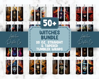 50 Witches Tumbler Wraps Design Halloween Bundle PNG, 20 oz Skinny Tumbler Wrap Sublimation Design, Straight & Tapered, Instant Download