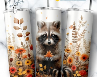 Raccoon with Fall Leaves Tumbler Wrap, Autumn 20 oz Skinny Tumbler Sublimation Design, Woodland Lover PNG, Watercolor, Rustic